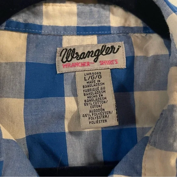 Wrangler ladies wrancher shirts blue and white plaid pearl snap button down L - Picture 5 of 7
